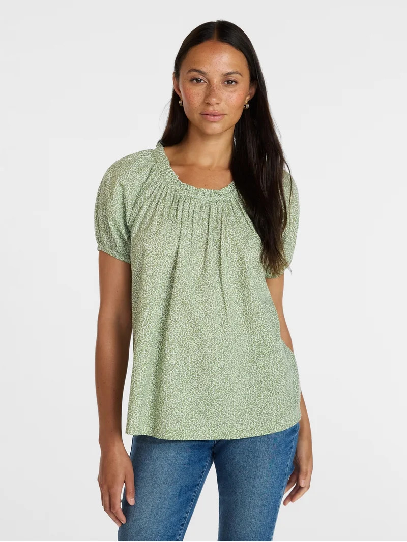 Time and Tru Women's Ruffle Neck Cotton Top with Short Puff Sleeves, Sizes XS-XXXL | Walmart (US)
