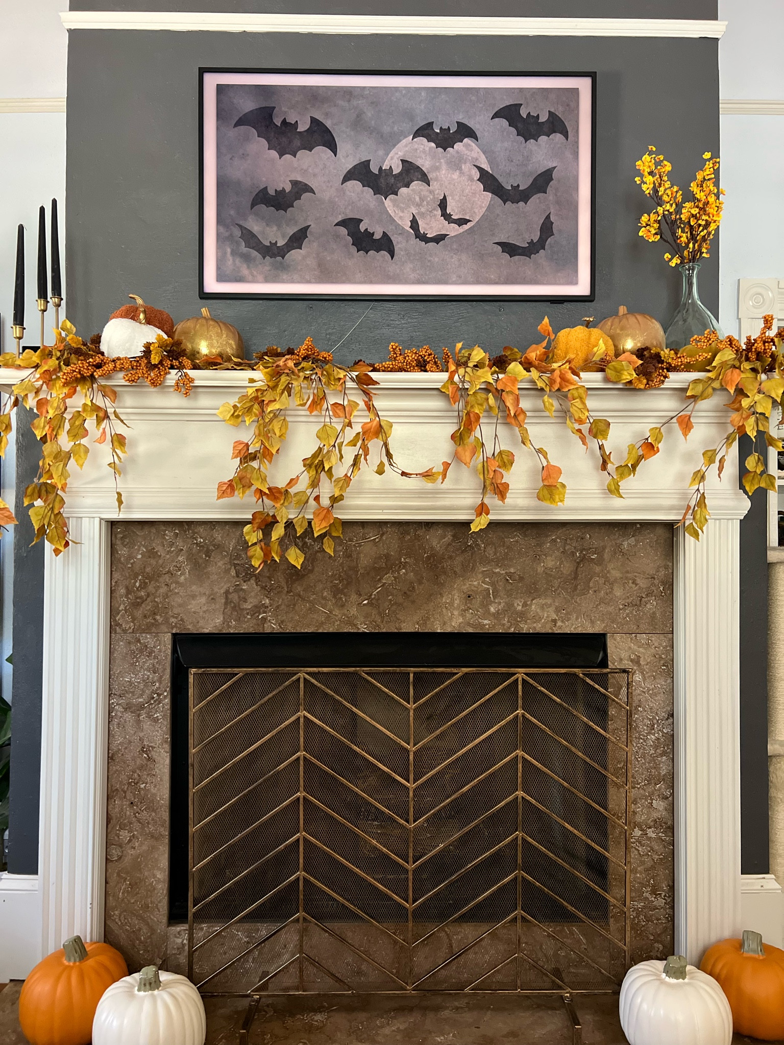 Fall mantle Halloween mantle living room decor samsung frame tv fall Halloween art 