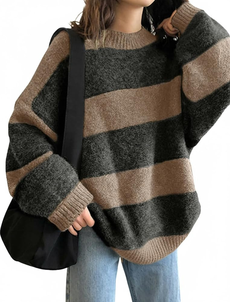 EMMIOL Women's Oversized Striped Sweaters 2025 Fall Trendy Long Sleeve Knit Outfits Crewneck Fash... | Amazon (US)