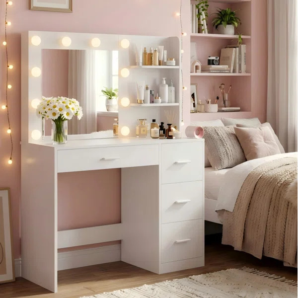 Borko Makeup Vanity With Lights,Vanity desk with Mirror and Power Outlet,Dresser Table with Drawe... | Wayfair North America