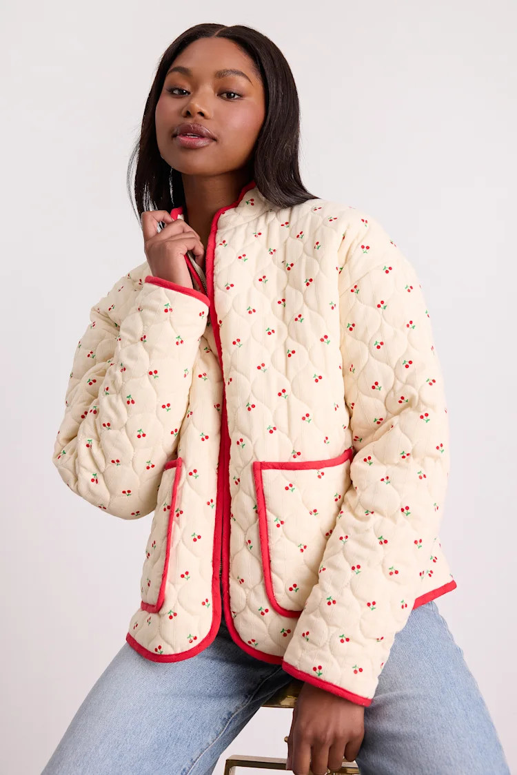 Bundled Perfection Cream Cherry Print Quilted Puffer Jacket | Lulus