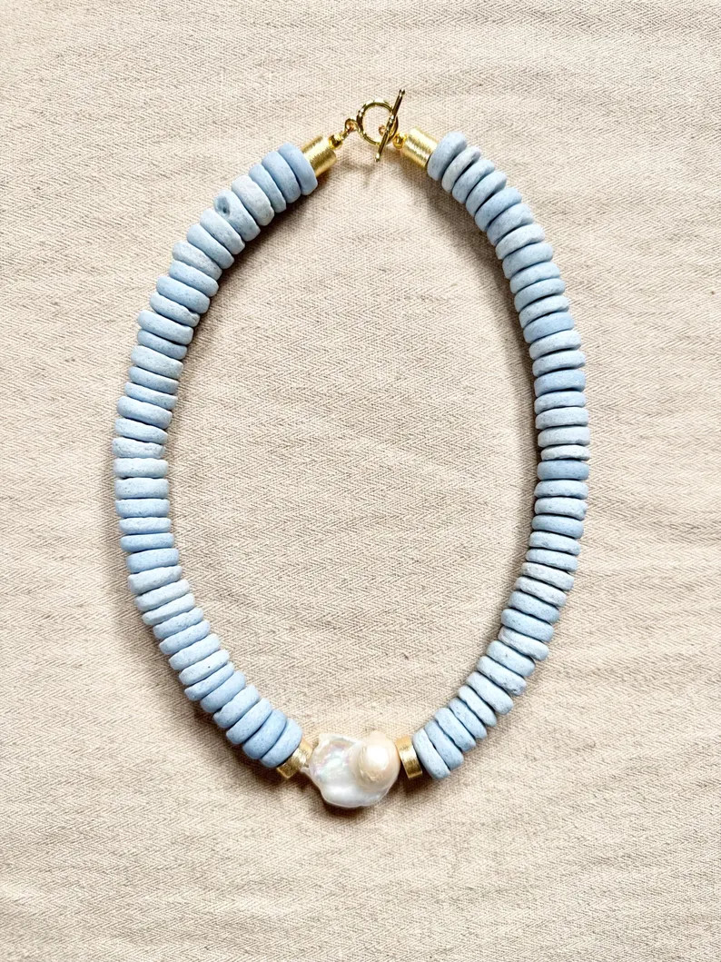 Handmade Light Blue Ashanti Glass Bead & Baroque Freshwater Pearl Bead Necklace | African Trade B... | Etsy (US)