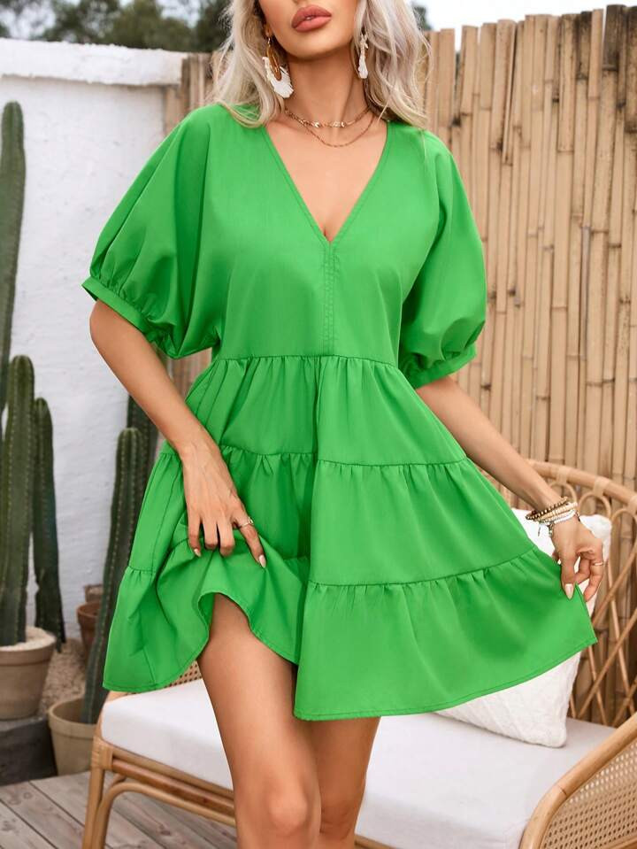 SHEIN VCAY V-Neck Pure Color Short Sleeve Dress With Ruffle Hem | SHEIN