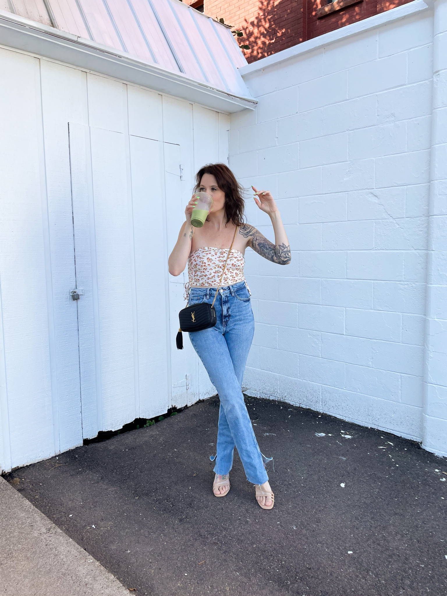 Casual day 
Saint Laurent 
Nude strappy heel 
Straight leg jeans 

#LTKstyletip #LTKitbag #LTKSeasonal