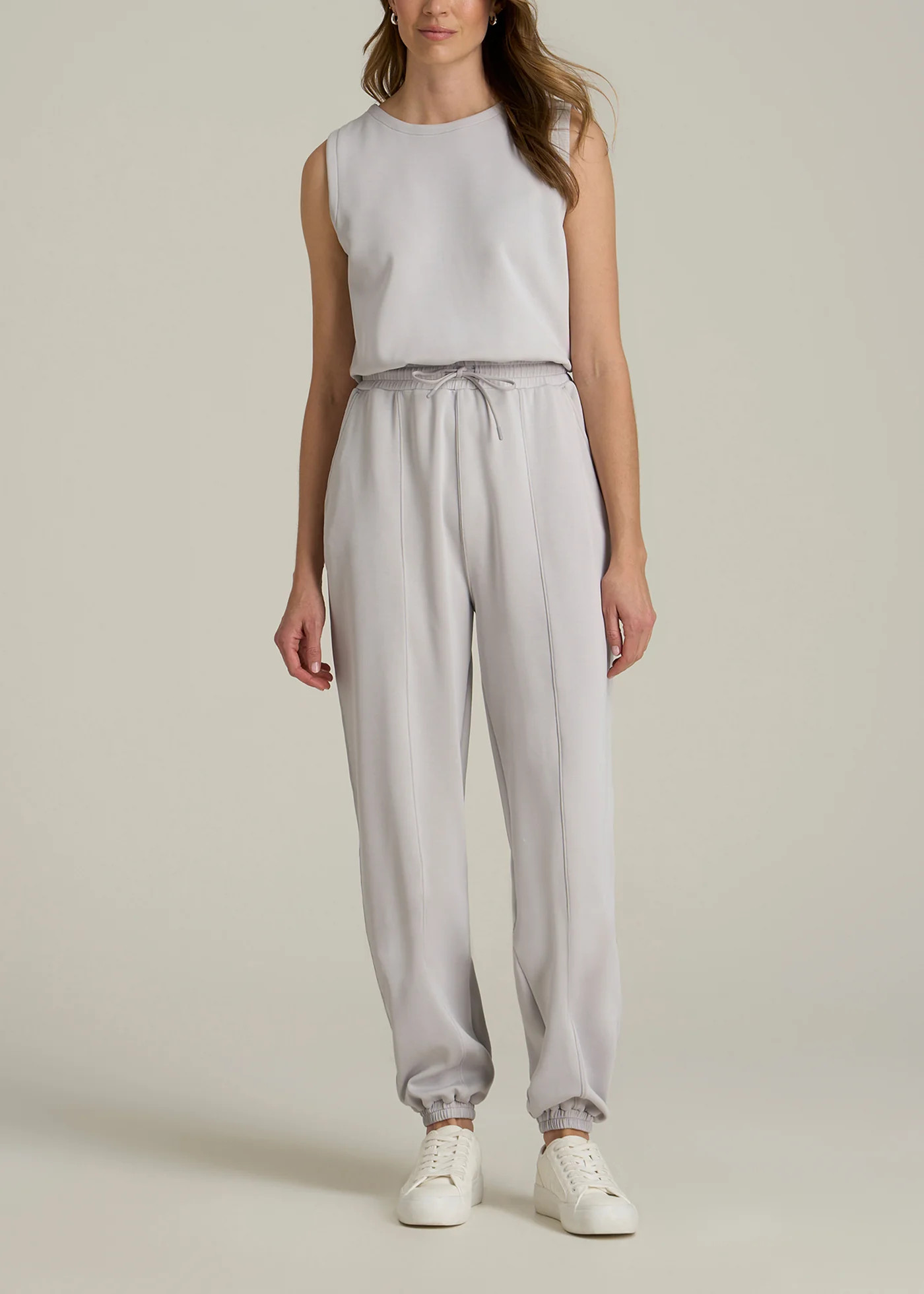 Soft Motion Sleeveless Sweatpant Jumpsuit for Tall Women in Vapor Grey | American Tall