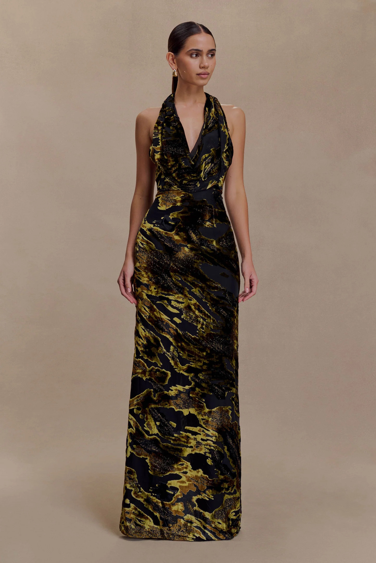 Cowl Front Maxi Dress - Velvet Burnout | MESHKI US