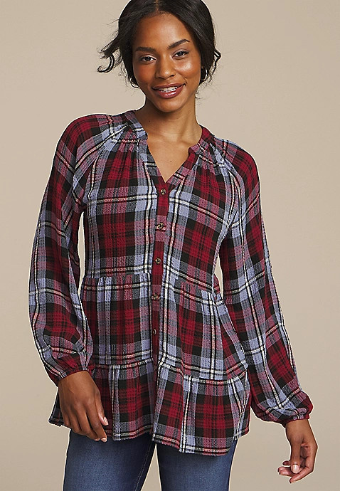 Plaid Tiered Button Front Blouse | Maurices