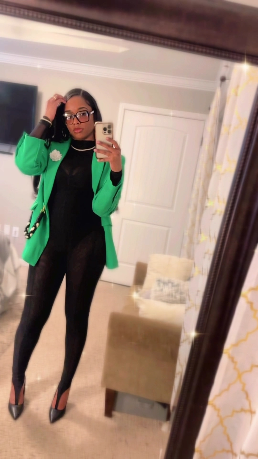 Green and Black Girls Night Outfit

Green blazer, black mesh jumpsuit, mesh bodysuit, Chanel clear frame glasses, black pumps

#LTKStyleTip