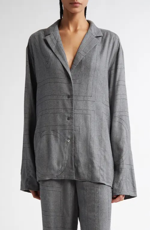 TOTEME Monogram Embroidered Flannel Pajama Top in Smoke Melange at Nordstrom, Size 4 Us | Nordstrom