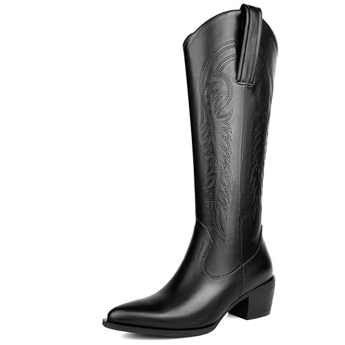 DOBOYG Women's Cowboy Boots Wide Calf Knee High Cowgirl Boots For Women Black Cowgirl Boots Classic Embroidery Boots Pointed Toe Thick Heel Western Style Tall Boots Perfect For Country Concerts | Amazon (US)