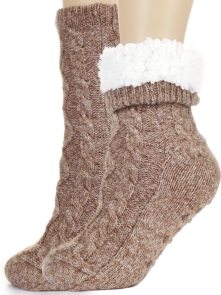 Slipper Socks for Women with Grippers Non Slip, Sherpa Lined Slipper Socks | Amazon (US)