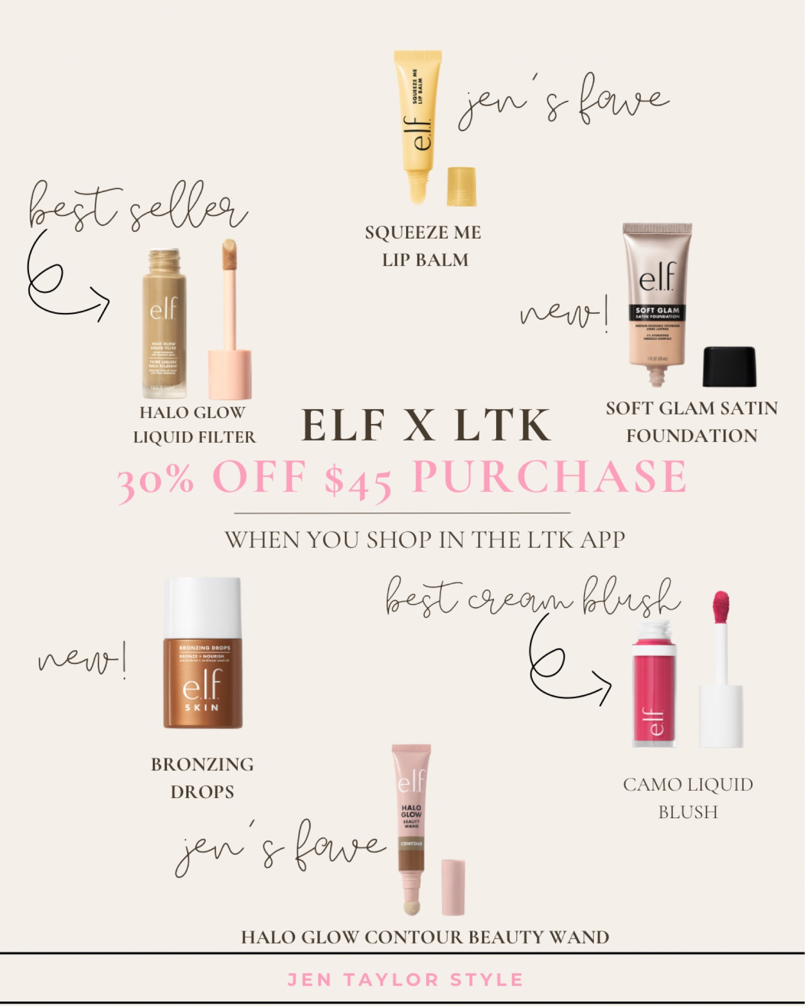 Save 30% on elf cosmetics when you spend $45 or more! Copy the code here in the LTK app for an exclusive discount you can’t get anywhere else! Linking some new arrivals and personal favorites. I love the elf squeeze me lip balm and halo glow contour beauty wand for simple summer makeup! 

#LTKBeauty #LTKSaleAlert #LTKxelfCosmetics