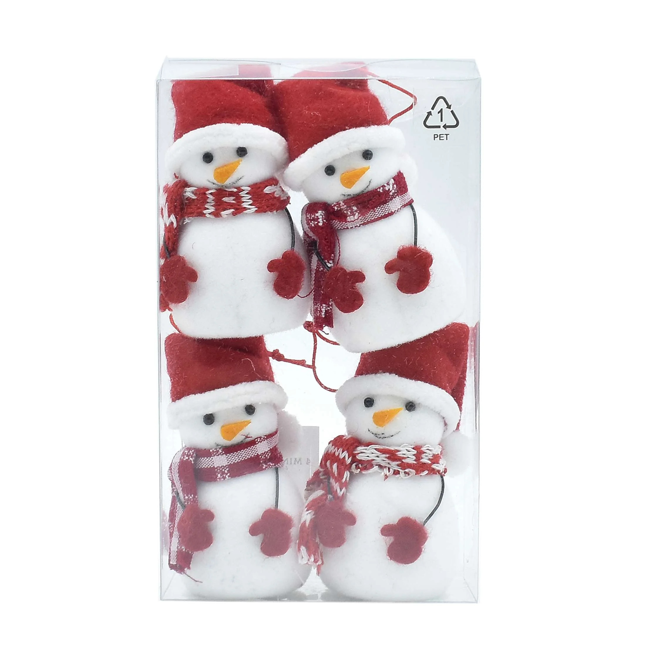 Mini Red and White Flocking Cute Snowman Ornament Set, 0.1 lb, 4 Count, by Holiday Time | Walmart (US)