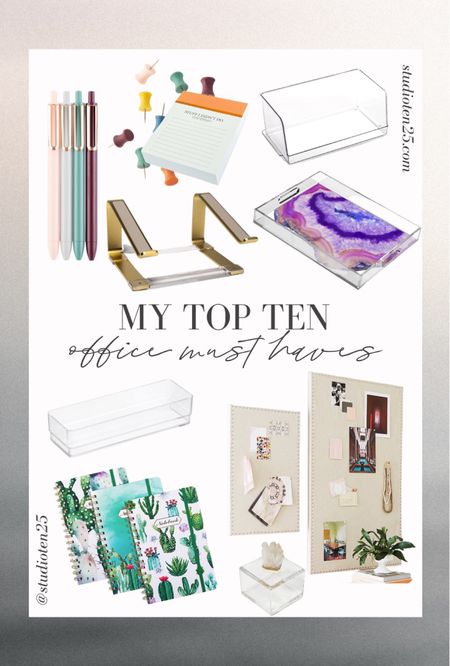 Studio must haves from an interior designer. 🤩

- Gel Pens
- Push Pins
- Pastel Sharpies
- Clear Stackable Storage Bins
- Spiral Notebooks
- Copper Jotter Notepad
- Agate Slice Acrylic Serving Tray
- Linen Cork Board
-Himalayan Crystal Acrylic Box
- Acrylic Drawer Organizers 
-Acrylic and Gold Lap Top Riser 

#LTKhome #LTKstyletip #LTKunder50