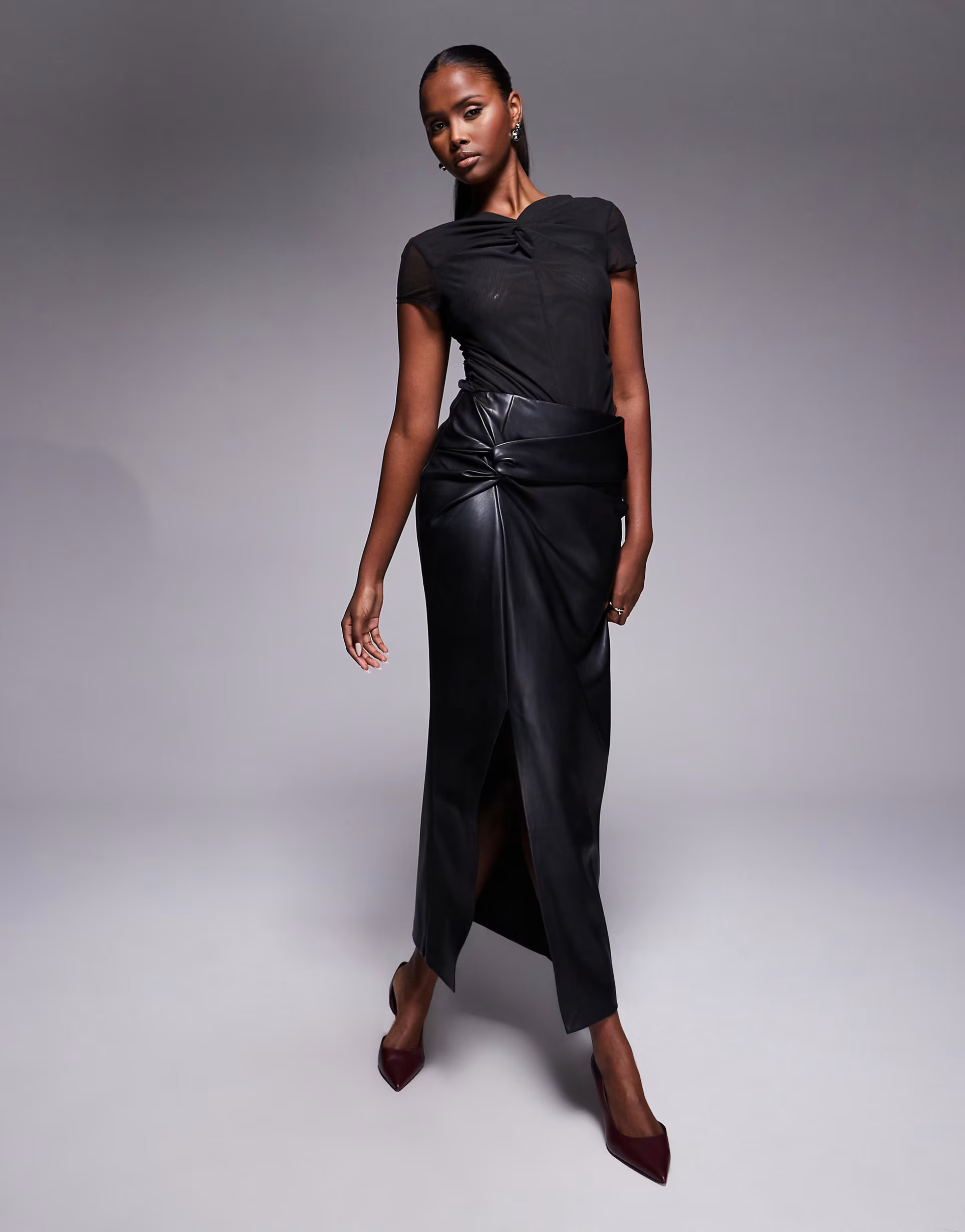 River Island faux leather twist side midi skirt in black  | ASOS | ASOS (Global)