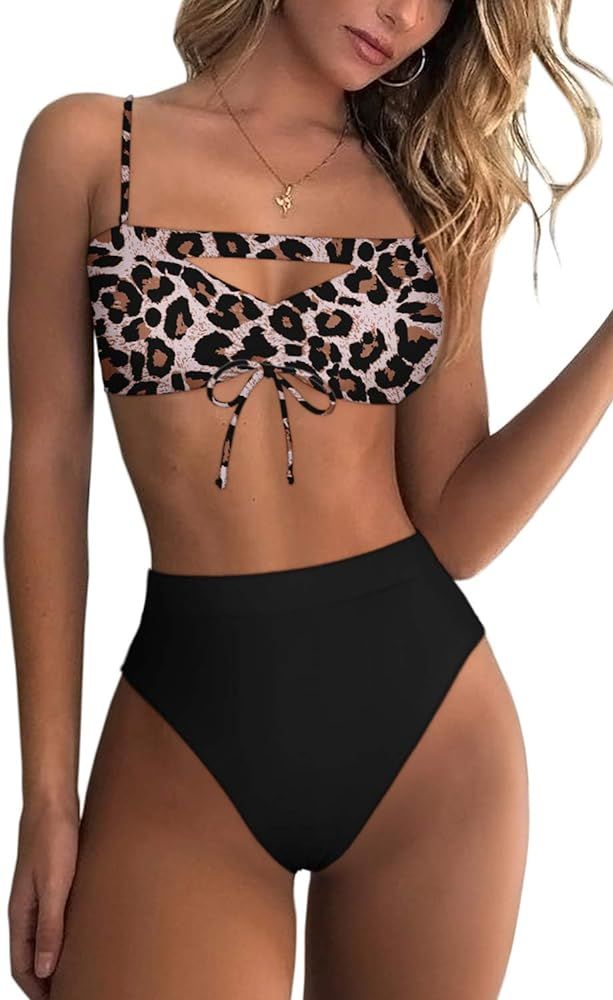 Mulisky Women’s Sexy Shoulder Strap Bikini Sets Cutout Knot Front High Waisted Two Piece Swimsu... | Amazon (US)