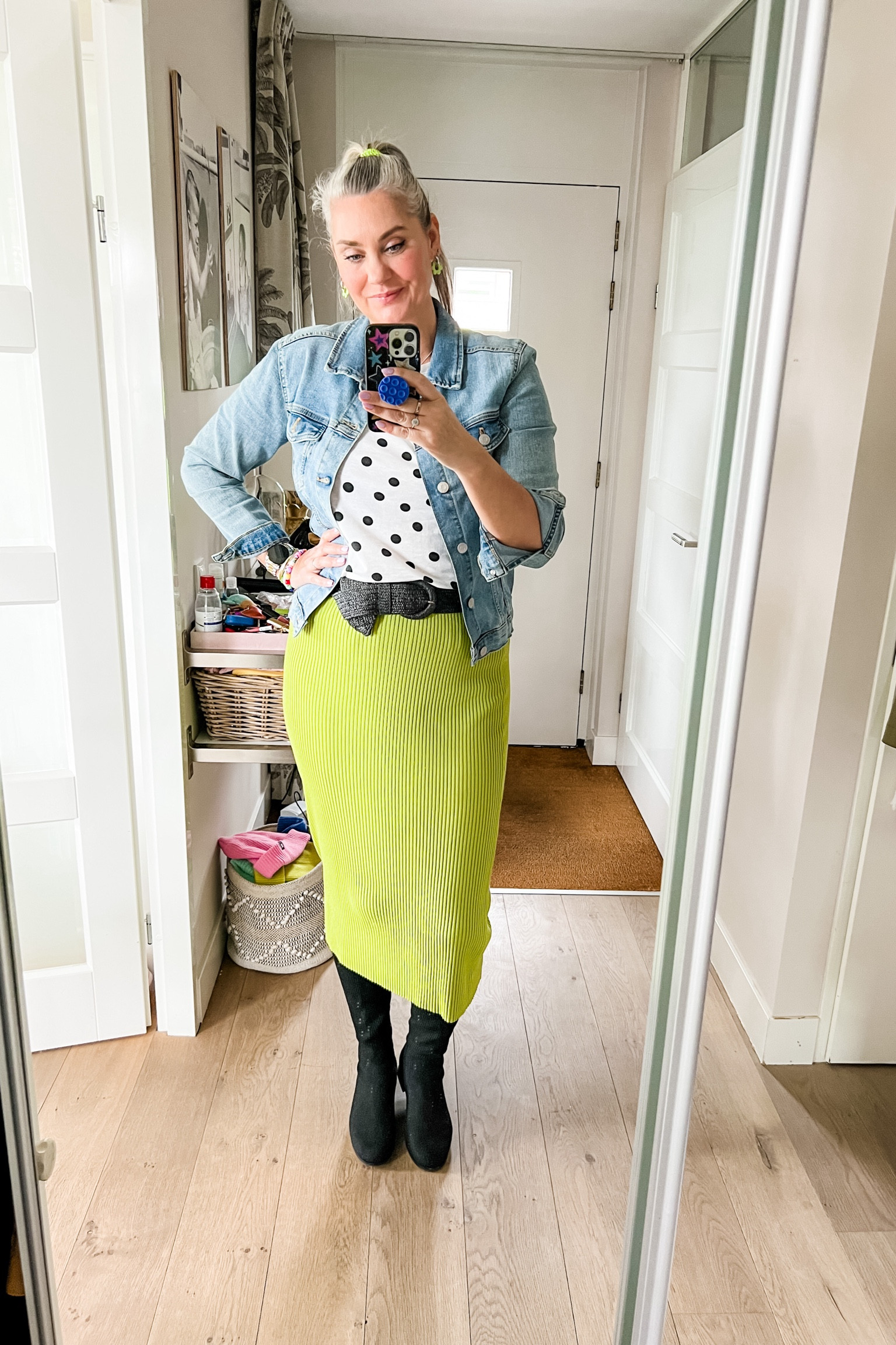 Ootd - Saturday. Vivaia over the knee OTK boots, lime green chartreuse knit skirt, elastic belt, polka dot t-shirt (old) and an old denim jacket. 



#LTKmidsize #LTKover40 #LTKstyletip