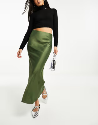 Stradivarius satin midi slip skirt in khaki | ASOS (Global)