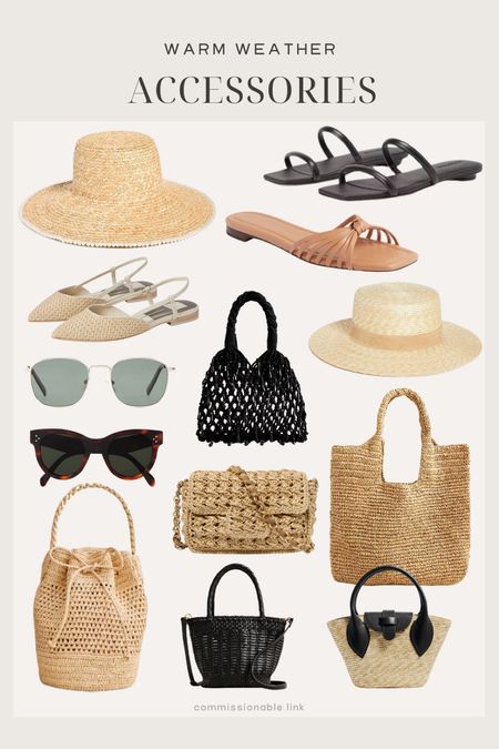 Spring and summer accessories including woven bag, raffia purses, sandals, and sunglasses 

#LTKitbag #LTKshoecrush #LTKSeasonal