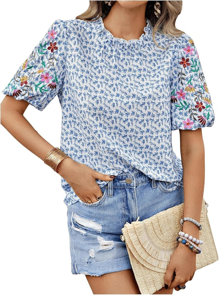 SOLY HUX Women's Summer Boho Floral Tops Mock Neck Puff Sleeve Casual Shirt Blouses | Amazon (US)