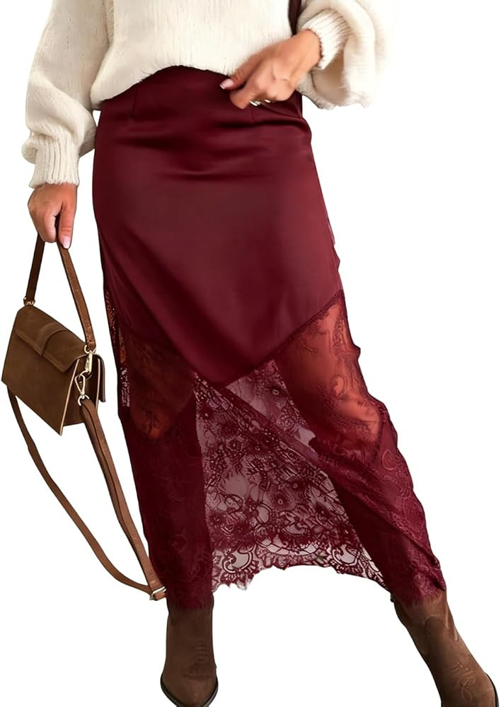 Pinclodly Satin Skirts for Women High Waist Lace Skirts Y2K Elegant Lace Patchwork Skirt Solid Si... | Amazon (US)