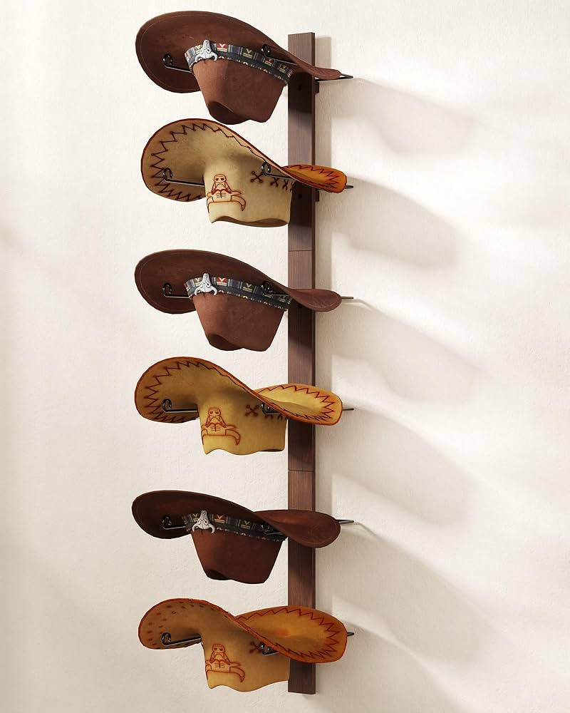 Cowboy Hat Holder, 3-Piece Wall Mount Cowboy Hat Rack for Wall Holds up to 6 Hats – Wooden + Me... | Amazon (US)