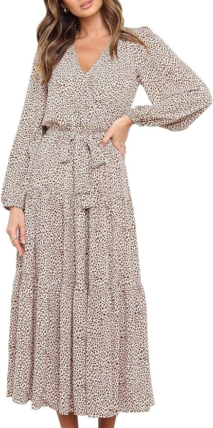 PRETTYGARDEN Women’s Long Sleeve V Neck Leopard Print Ruffle Maxi Dress Tie Waist Boho Chiffon ... | Amazon (US)