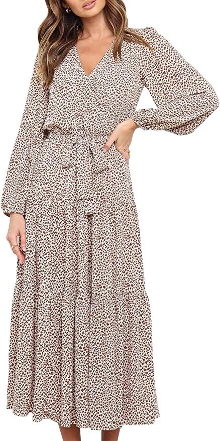PRETTYGARDEN Women's Boho Long Sleeve V Neck Leopard Print Ruffle Tiered Maxi Dress Tie Waist Chiffo | Amazon (US)