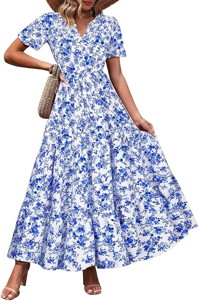 TIYOMI Women Plus Size Dress Boho V Neck Short Sleeve Beach Maxi Dresses Floral/Stripe/Leaves/Lem... | Amazon (US)