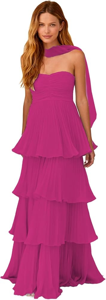 Chiffon Strapless Bridesmaid Dress Tiered Long Wedding Guest Dress with Scarf Pleated Formal Part... | Amazon (US)