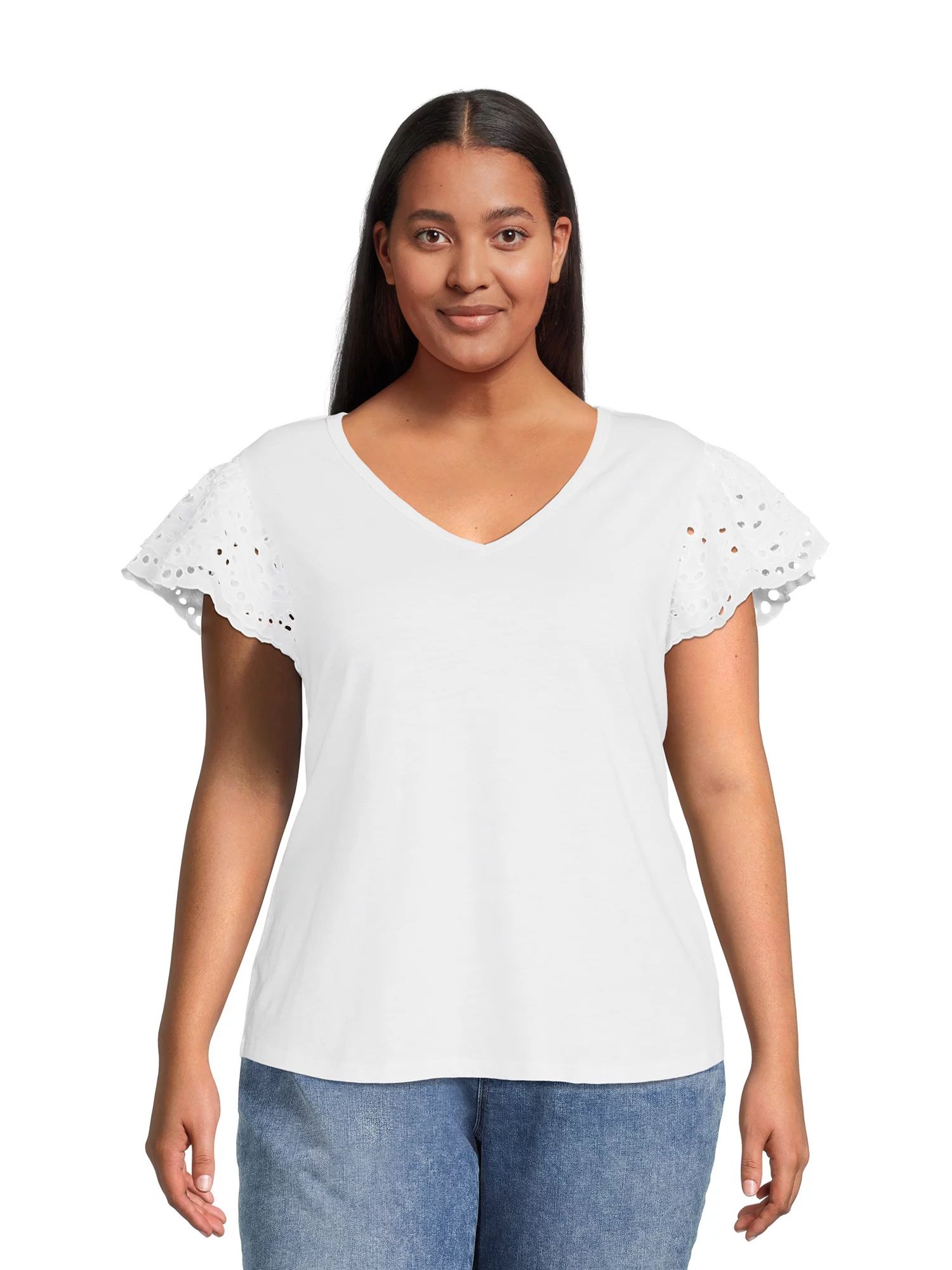 Terra & Sky Women's Plus Size Slub Knit Eyelet Sleeve Top | Walmart (US)