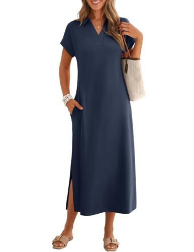 MEROKEETY Women's Summer Casual Maxi Dress 2026 Cap Sleeve V Neck Collared Beach Vacation T Shirt Long Dresses, Navy, Medium | Amazon (US)