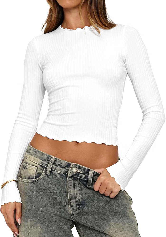 Lacozy Crop Tops for Women Mock Neck Long Sleeve Ruffle Shirts Basic Tee | Amazon (US)