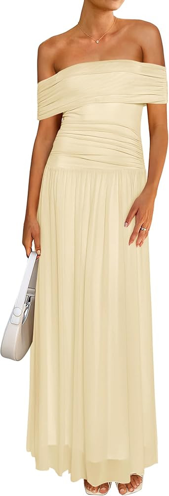 MASCOMODA Women Off The Shoulder Mesh Maxi Dress Bodycon Ruched Formal Sleeveless Pleated Cocktai... | Amazon (US)