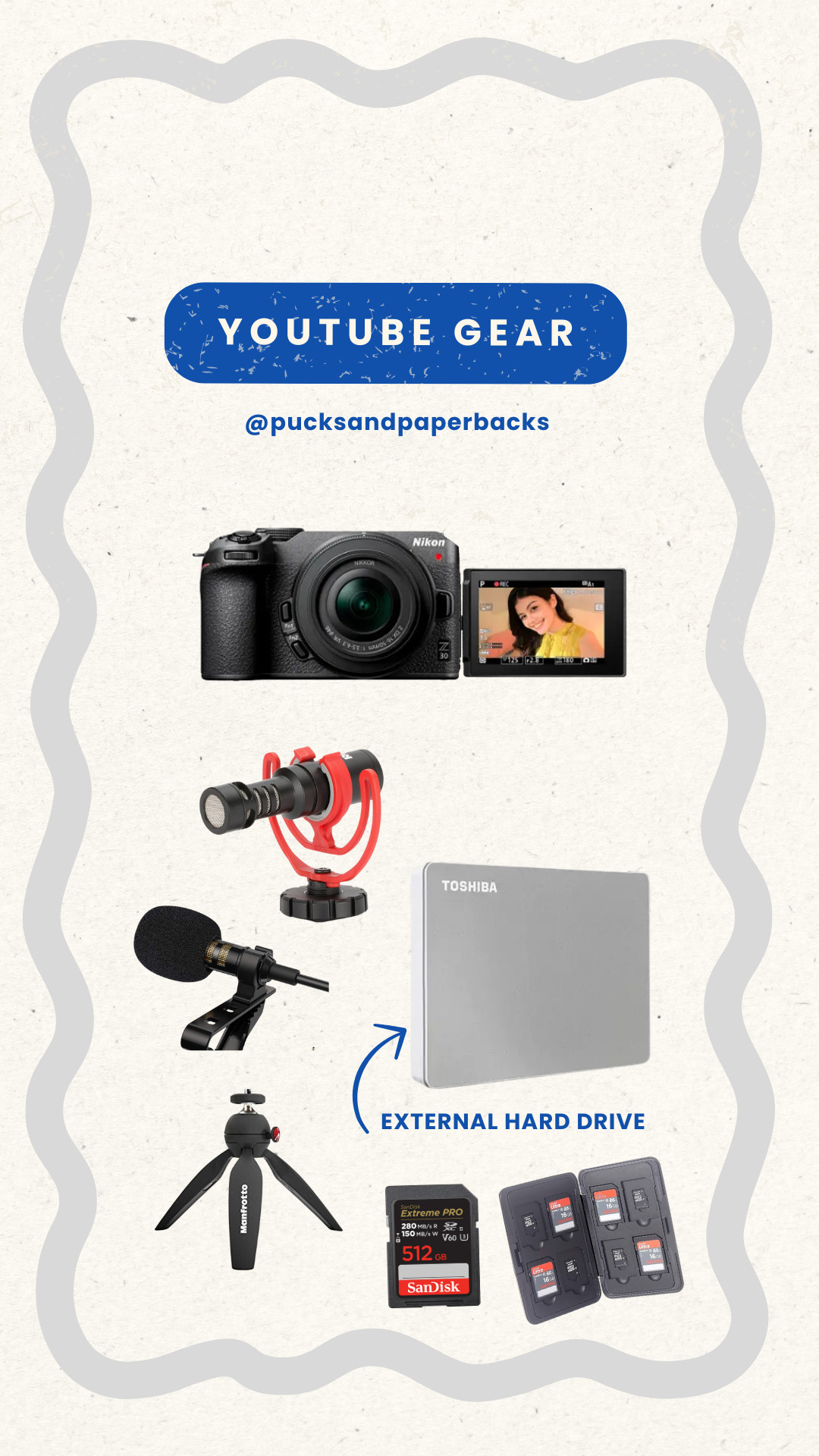 All the YouTube equipment you need and I recommend including external hard drives, camera, tripods, how to create on your phone.  

 