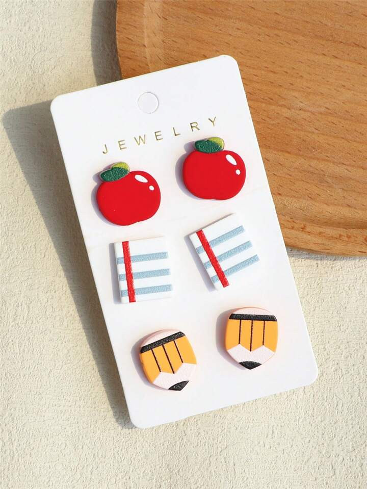 3pairs/Set 1 Card Apple & Books & Pencil Printed Clay Texture Earrings For Teacher's Day / Back T... | SHEIN