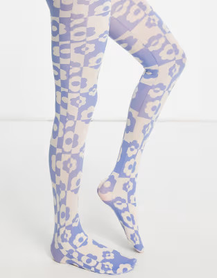 ASOS DESIGN 40 denier checkerboard floral printed tights in multi | ASOS | ASOS (Global)