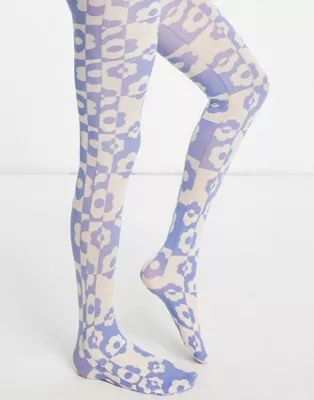 ASOS DESIGN 40 denier checkerboard floral printed tights in multi | ASOS | ASOS (Global)