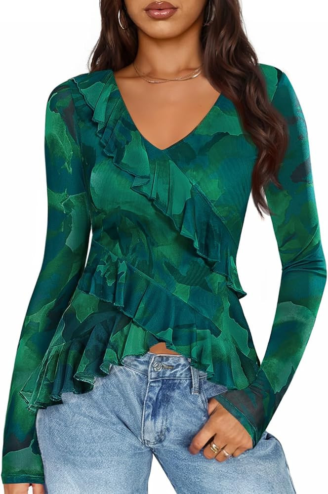 ZESICA Women's Long Sleeve Floral Shirts V Neck Going Out Ruffle Tops Blouses 2025 Fall Fashion C... | Amazon (US)