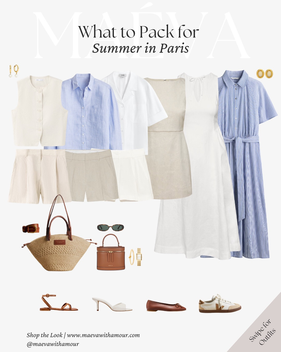 What to Pack for Summer in Paris 🧳 Featuring 15 Outfit Ideas

After returning from France, I wanted to create a summer Paris edit filled with timeless pieces that feel polished, comfortable, and easy to wear throughout the season 🤍

For this edit, I focused on versatile pieces that feel polished yet comfortable, even during a Paris heat wave! Think linen dresses, effortless matching sets, comfortable walking shoes, classic accessories, and easy summer staples designed to mix and match throughout the season 🌞

While this guide was created with Paris in mind, the same outfit formulas work beautifully throughout Europe and just as well for everyday summer dressing back home 🤍

Packing notes for summer in Paris: • prioritize breathable fabrics like linen and cotton • comfortable shoes are non-negotiable for long walking days • if shorts aren't your preference, swap them for a flowy midi skirt or linen trousers • if white isn't your color, soft blue, taupe, cream, or another light neutral can create the same effortless summer feel • build around a cohesive color palette to make styling easier • choose pieces that can be dressed up or down with a simple change of accessories • leave room in your suitcase because Paris shopping is a must! 

🤍 Love this edit? Comment SHOP and I'll send you the full guide, or explore the article through the link in bio

🧳 I've also shared all 15 outfit ideas, packing notes, and personal recommendations over on maevawithamour.com

👉 Save and follow along for more French-inspired style, thoughtful edits, and wardrobe ideas designed to elevate your everyday

With Amour, M.

#frenchstyle #parisianstyle #paris #whattopack #outfitinspo

@Aritzia @SEZANE @Margaux @Steve Madden US @jcrew @PARIS/64 @Machete

#LTKTravel #LTKootd #LTKgrwm