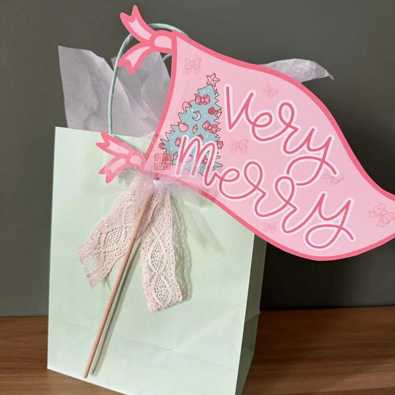 Very Merry Christmas Pennant, Printable Christmas Card, Christmas Party Decor, Pink Girly Christm... | Etsy (US)