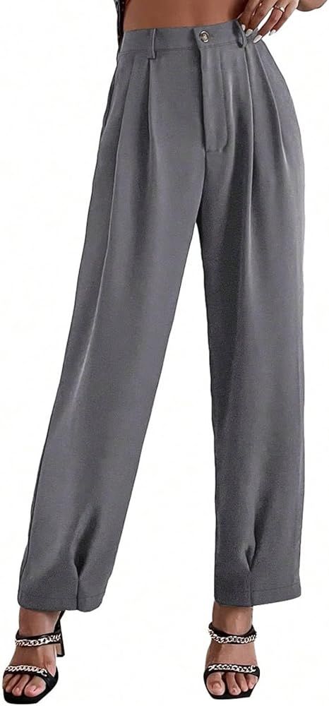 SweatyRocks Women's Casual High Waist Fold Pleated Straight Leg Trousers Work Pants with Pocket | Amazon (US)