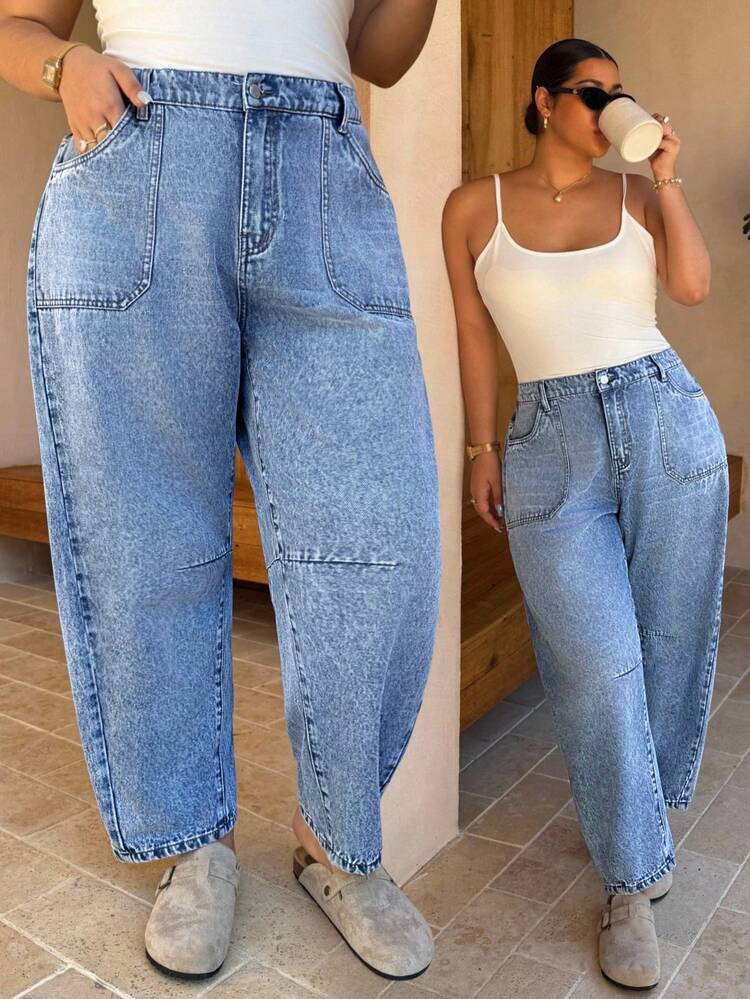 Dripcurv Plus-Size Women's Light Blue Retro-Style Tapered Casual Loose Jeans With Pockets, Perfect For Autumn And Winter. These Winter Jeans Have A Vintage, Old-Money Vibe, Suitable For Everyday Wear And New Year's Outfits. | SHEIN