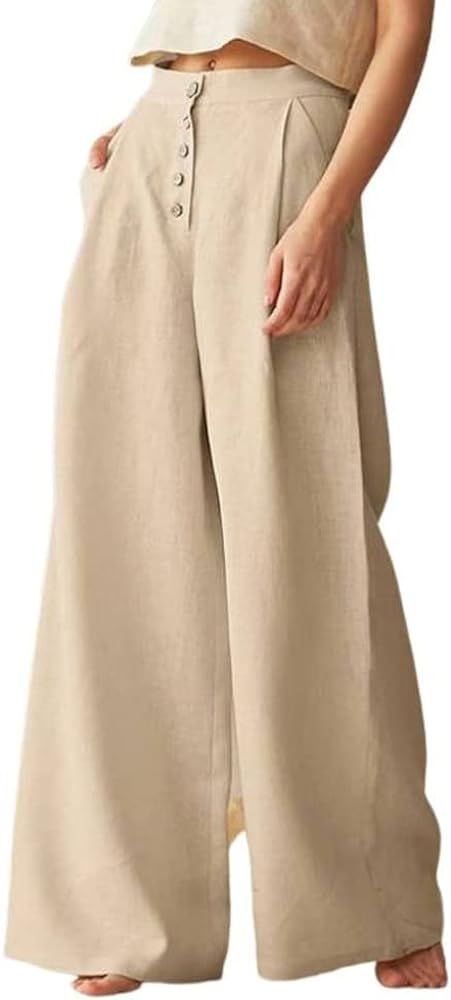 chouyatou Women's Summer High Waisted Cotton Linen Palazzo Wide Leg Casual Pants with Pockets | Amazon (US)