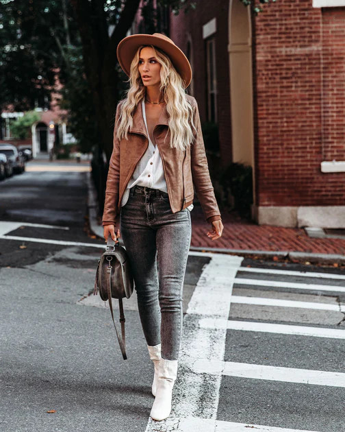 Slick Chick Coated Faux Leather Moto Jacket - Taupe | VICI