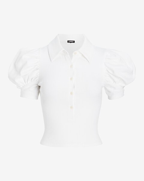Fitted Pleated Puff Sleeve Polo Cropped Top | Express