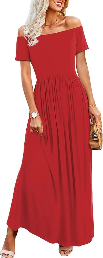 Amoretu Dresses for Women Short Sleeve Off Shoulder Maxi Flowy Casual Loose Plain Dress with Pock... | Amazon (US)