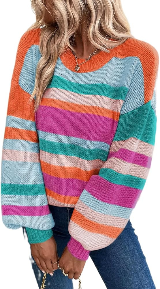 Women's Multicolor Striped Knit Drop Shoulder Puff Sleeve Sweater | Amazon (US)