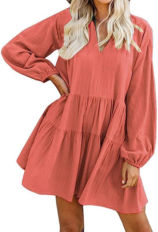 FANCYINN Women’s Cute Shift Dress with Pockets Bell Sleeve Ruffle Hem V Neck Loose Swing Tunic ... | Amazon (US)