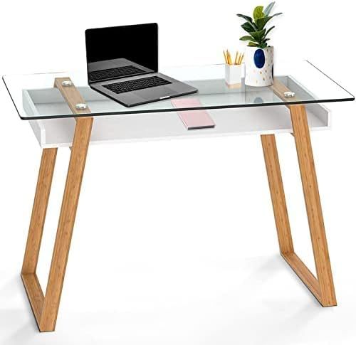 bonVIVO Small Glass Desk - Modern Computer Work Table w/Clear Top for Home Office & Bedroom - Whi... | Amazon (US)